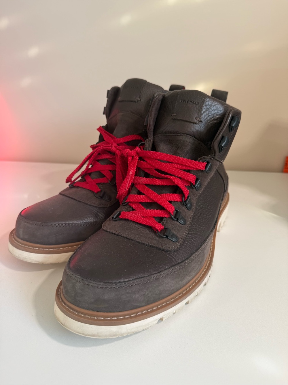 Cole Haan Brown Leather Hiking-Style Boots with Red Laces